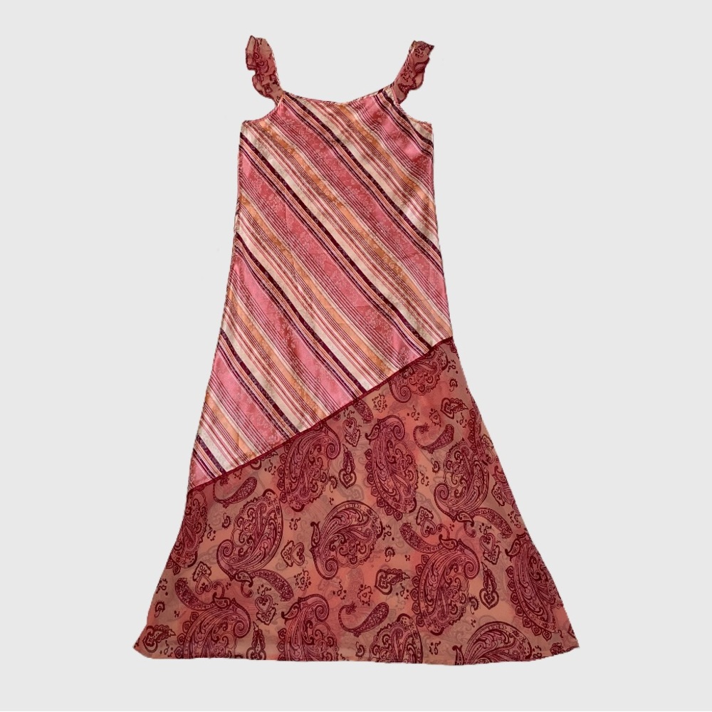 Vintage Pink & Orange Funky Patterned Stripe/Paisley Satin & Mesh Midi Dress